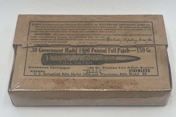 .30 Government Model 1906 Pointed Full patch 150 grain vintage Winchester ammunition 20 round box Very good condition