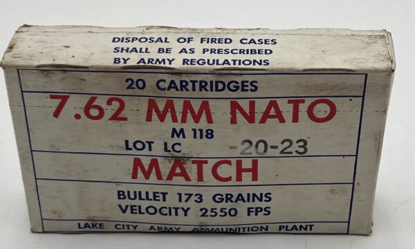 7.62x51mm Nato M118 Lake city Match 173 grain box of 20 rounds