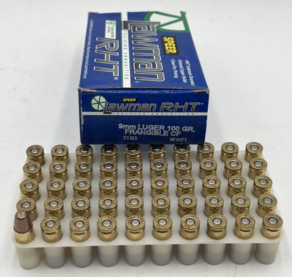 Speer Lawman RHT 9 mm Luger 100 Grain Frangible Brass Cased Centerfire Pistol Ammunition 50 round box