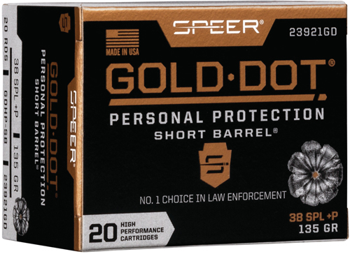 SPEER GOLD DOT 38 SPECIAL+P – 135GR SHORT BARREL 20RD 10BX/C